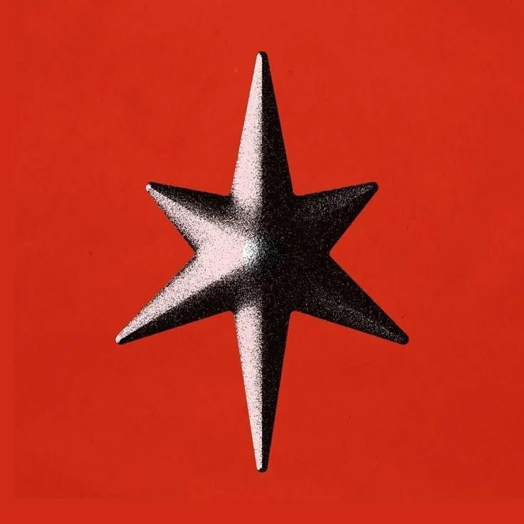 A halftoned six-point star on red